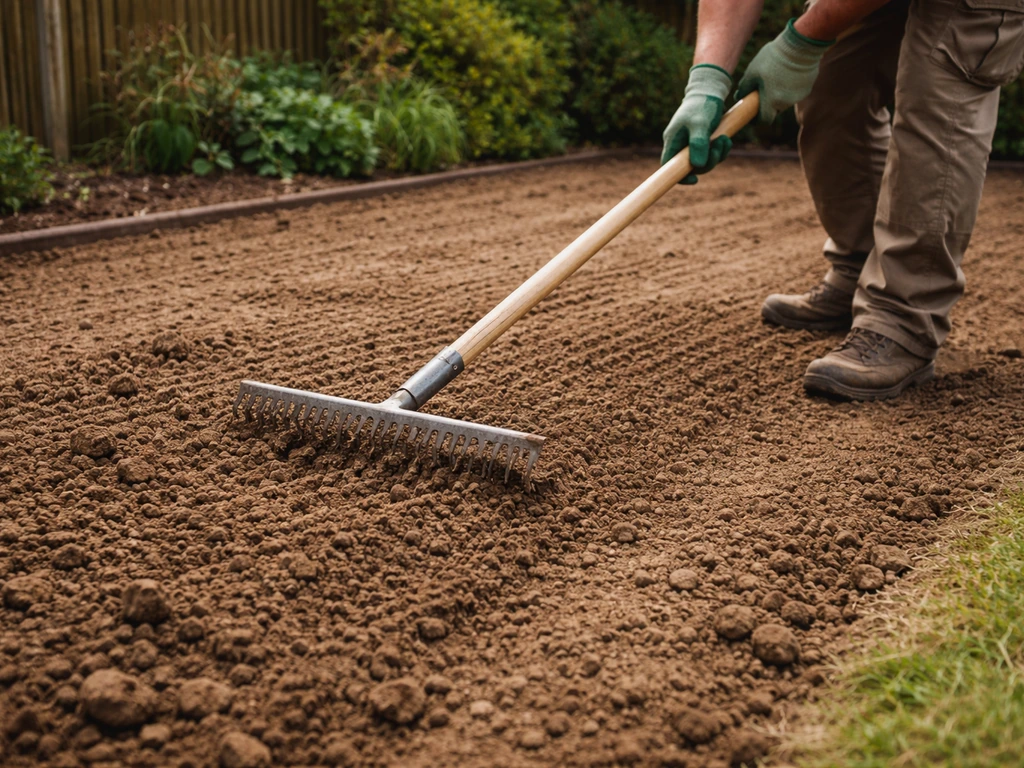 Handen en hark egaliseren een leeg zaaibed met losgemaakte aarde in een tuin na verwijdering van het gazon.