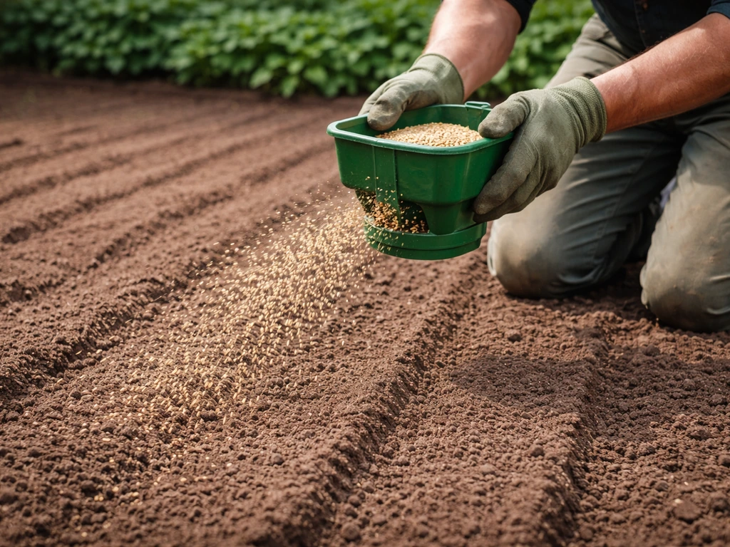Anonieme handen strooien graszaad kriskras met een strooier op een fijn geharkt zaaibed in de tuin.
