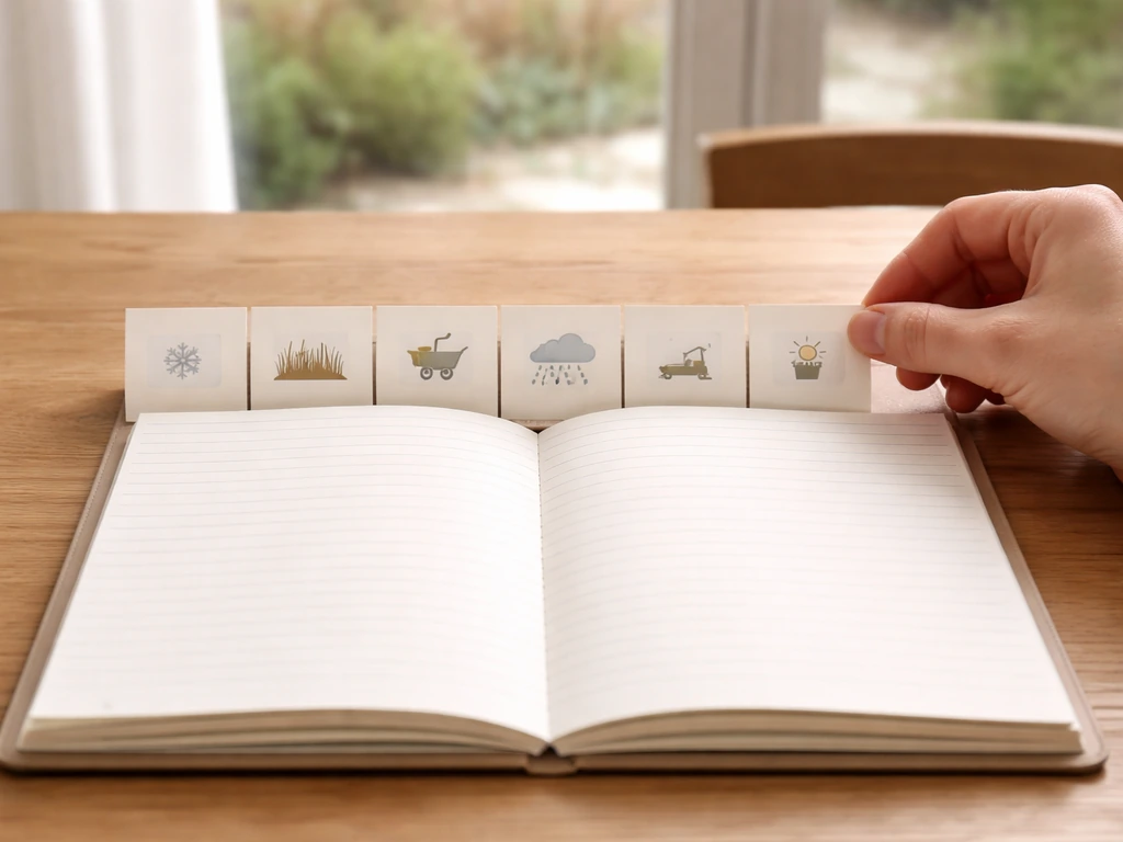 Minimalistische onderhoudskalender met pictogrammen voor maaien, rust en verzorging in Nederlandse seizoenen