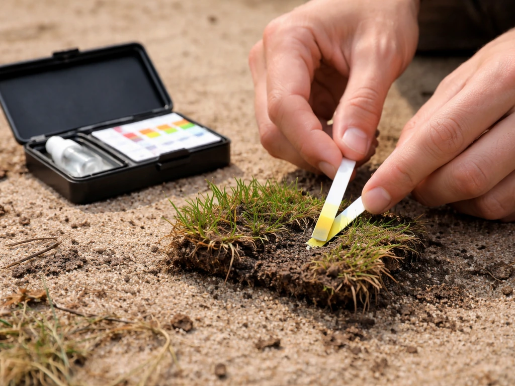 Anonieme handen testen de pH van zandgrond op een stukje graszode met een bodemteststrip.