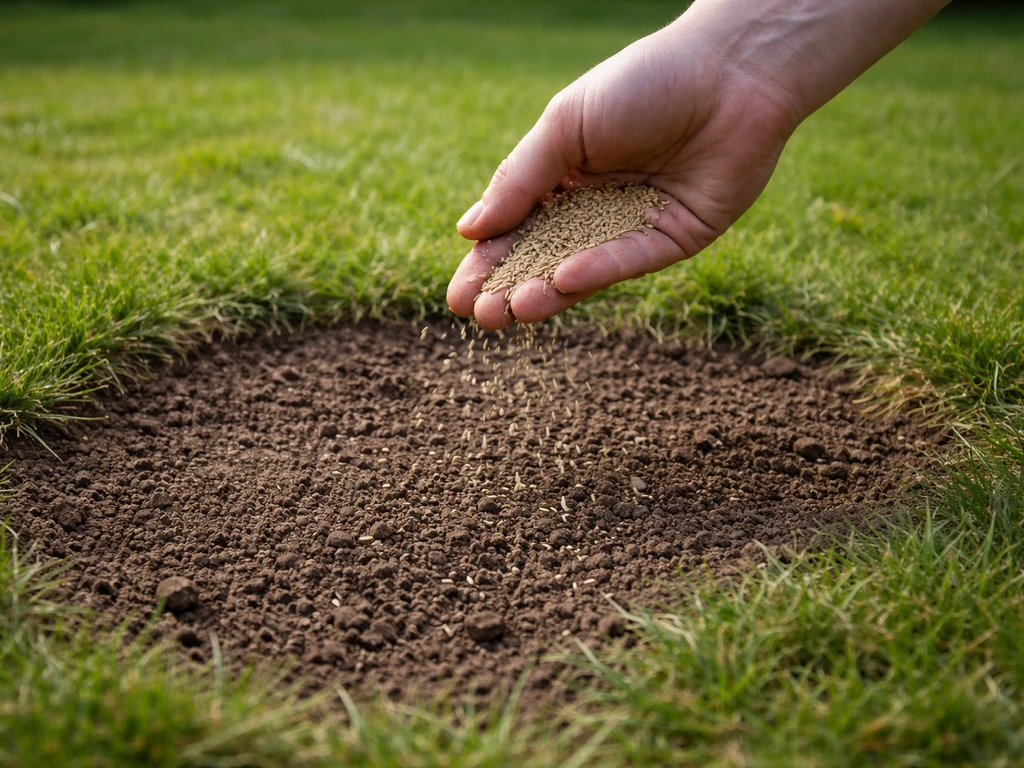 Hand die graszaad uitstrooit op kale plek in een gazon, met kleine harksporen en nieuw kiemend groen