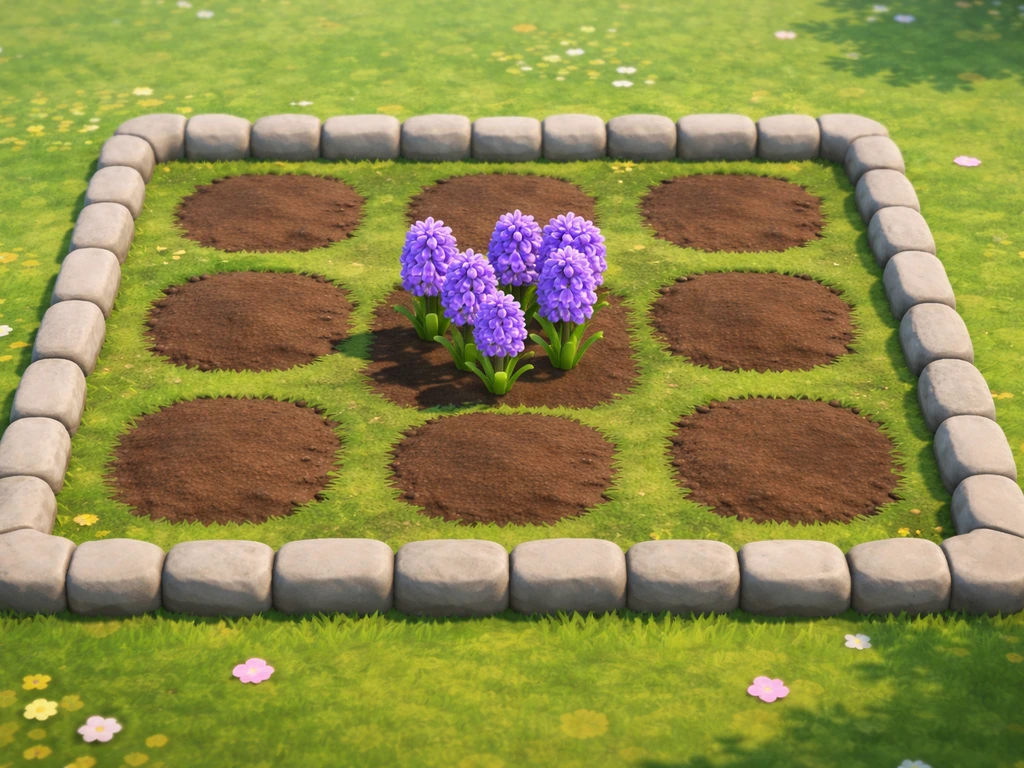 Top-down view of a purple hyacinth cluster in a tidy ACNH-style garden breeding patch.
