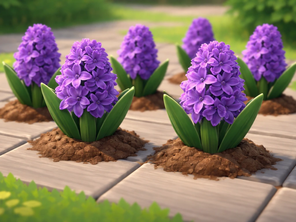 Close-up of purple hyacinth flowers on in-game tiles, showing the bloom details in a minimal yard