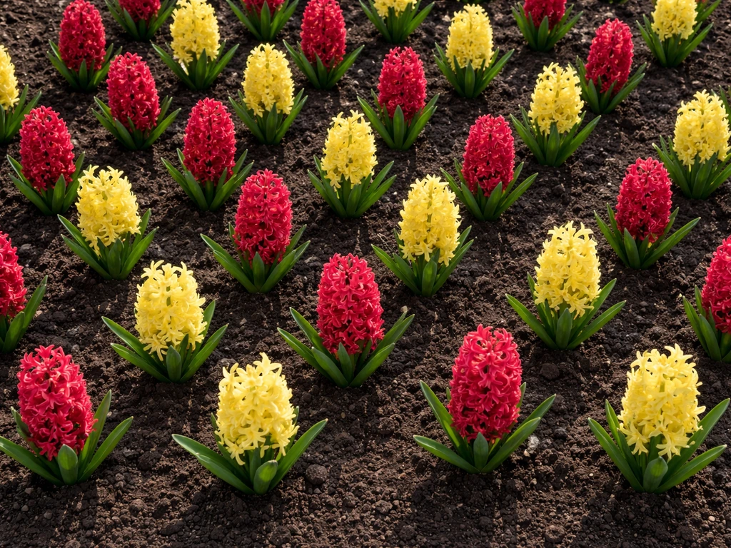 Top-down view of a minimal checkerboard of red and yellow hyacinth blooms arranged diagonally
