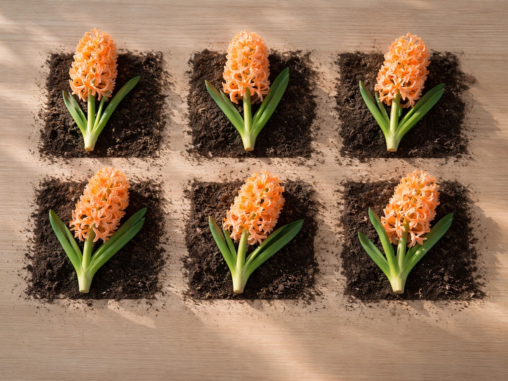 Top-down view of orange hyacinths arranged in a spaced grid on a tabletop for breeding purple.