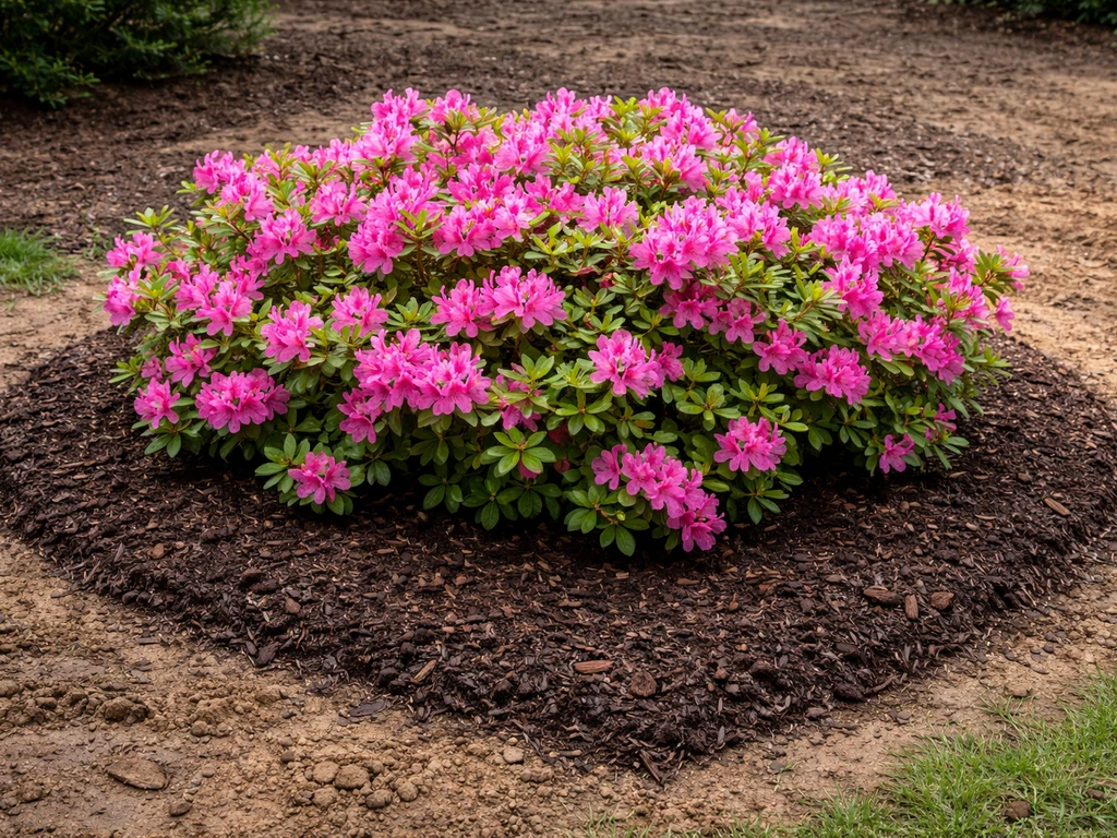 Healthy pink azaleas thriving in a mulched, raised planting bed with improved drainage in clay soil