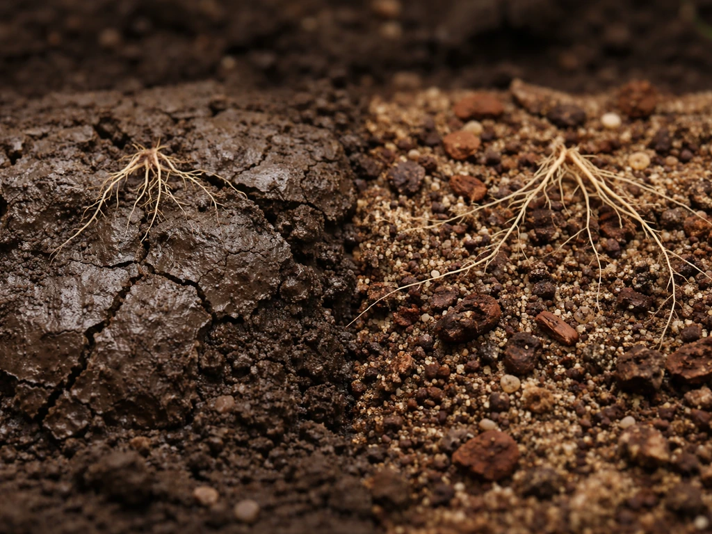 Split view of compact clay clump versus loose amended mix with fine roots, showing azalea root suitability.
