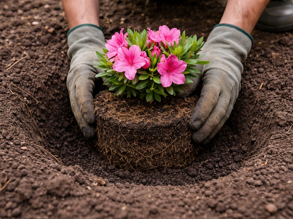 Gardener’s gloved hands placing an azalea root ball at correct depth in a wide planting hole