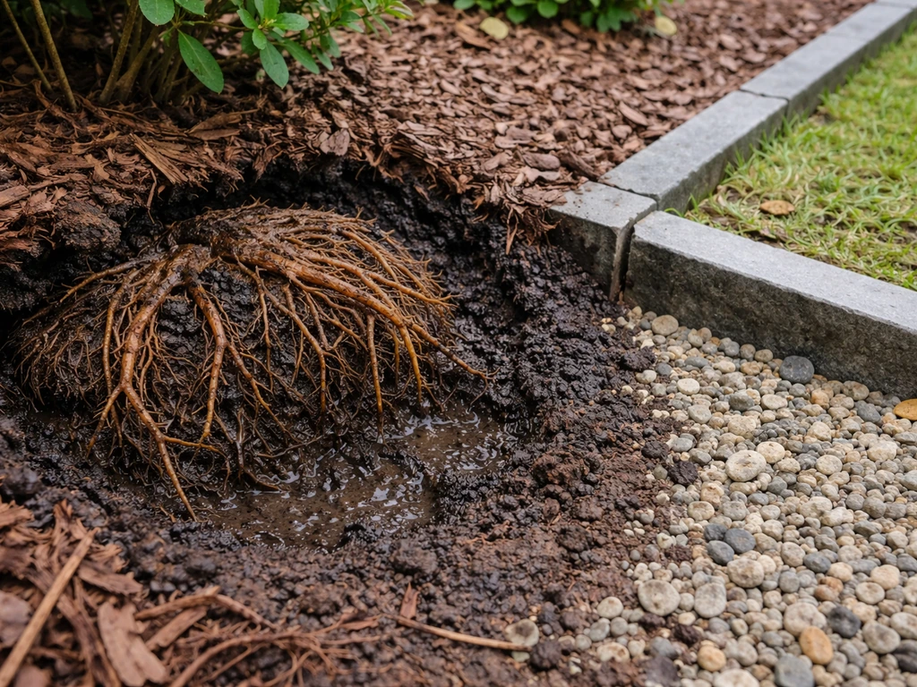 Mulch pulled back to reveal distressed azalea roots in wet soil, with a small raised bed and drainage improvement detail