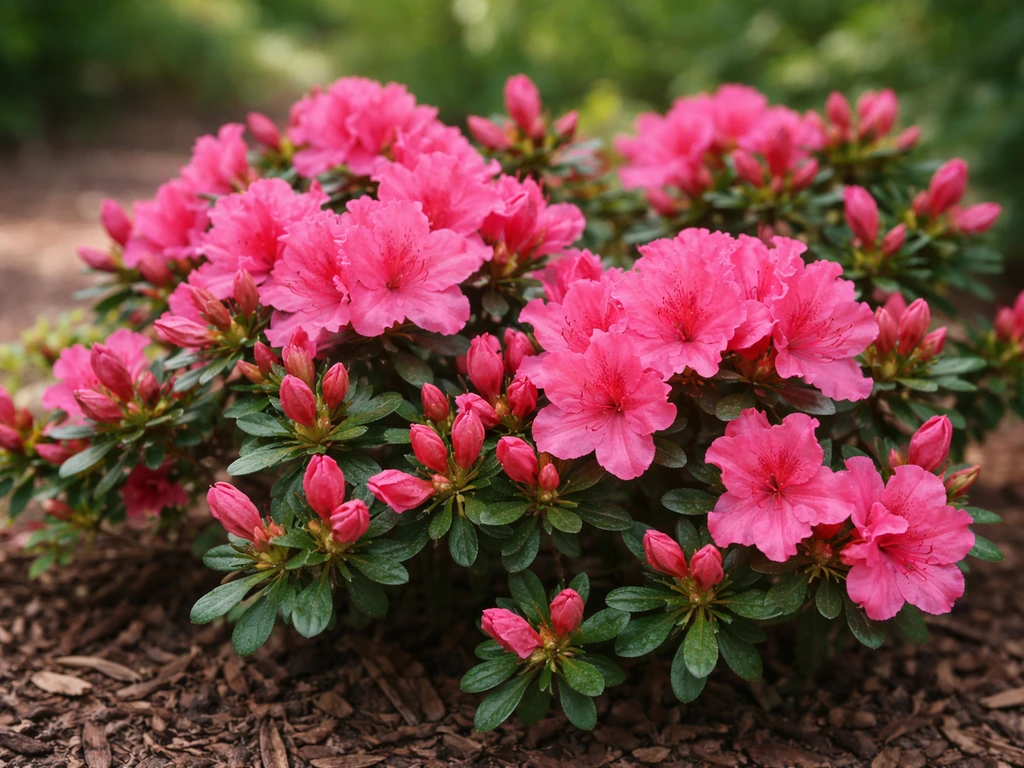 Vibrant pink Encore azalea shrub blooming in spring, with fresh buds hinting at a later rebloom.