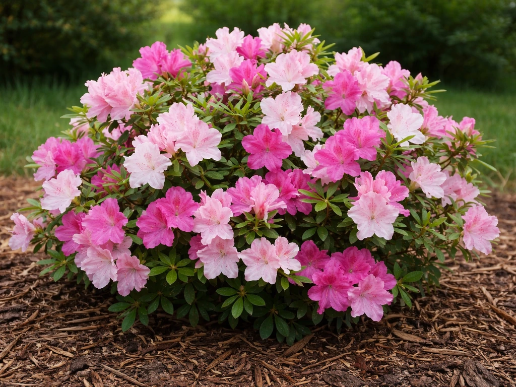 Encore azalea shrub with layered blooms of different colors, showing repeat-flowering flushes.