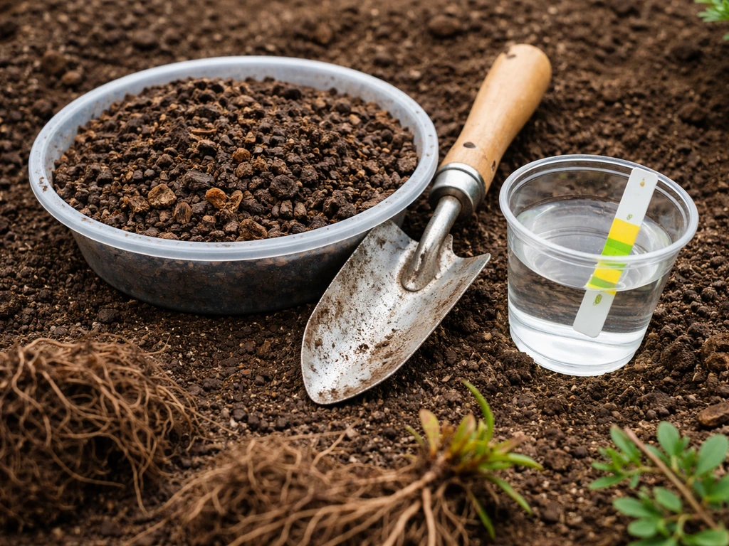Close-up of pine bark and compost amendments with a pH test strip setup for acidic azalea soil.