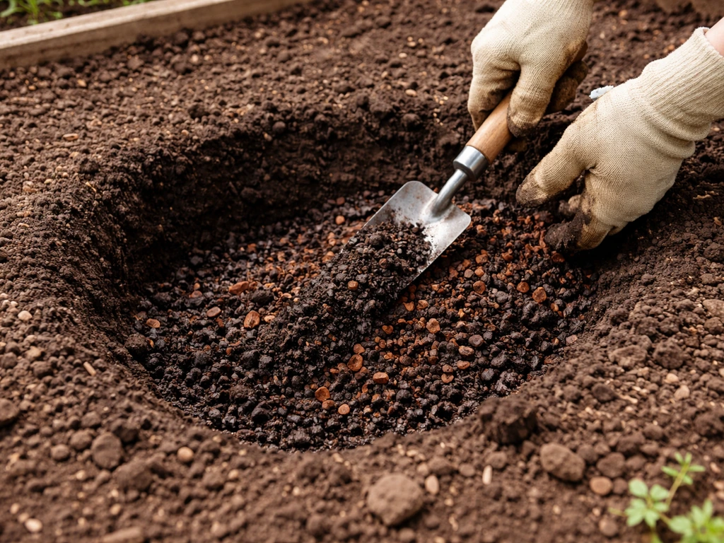 Anonymous hands mixing compost and pine bark fines in soil beside a shallow planting hole.
