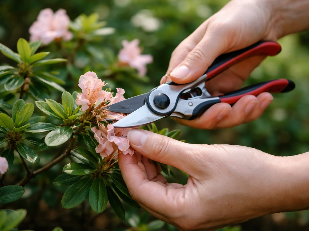 Gardener hands using clean bypass pruners to trim spent branches on an azalea after spring bloom.
