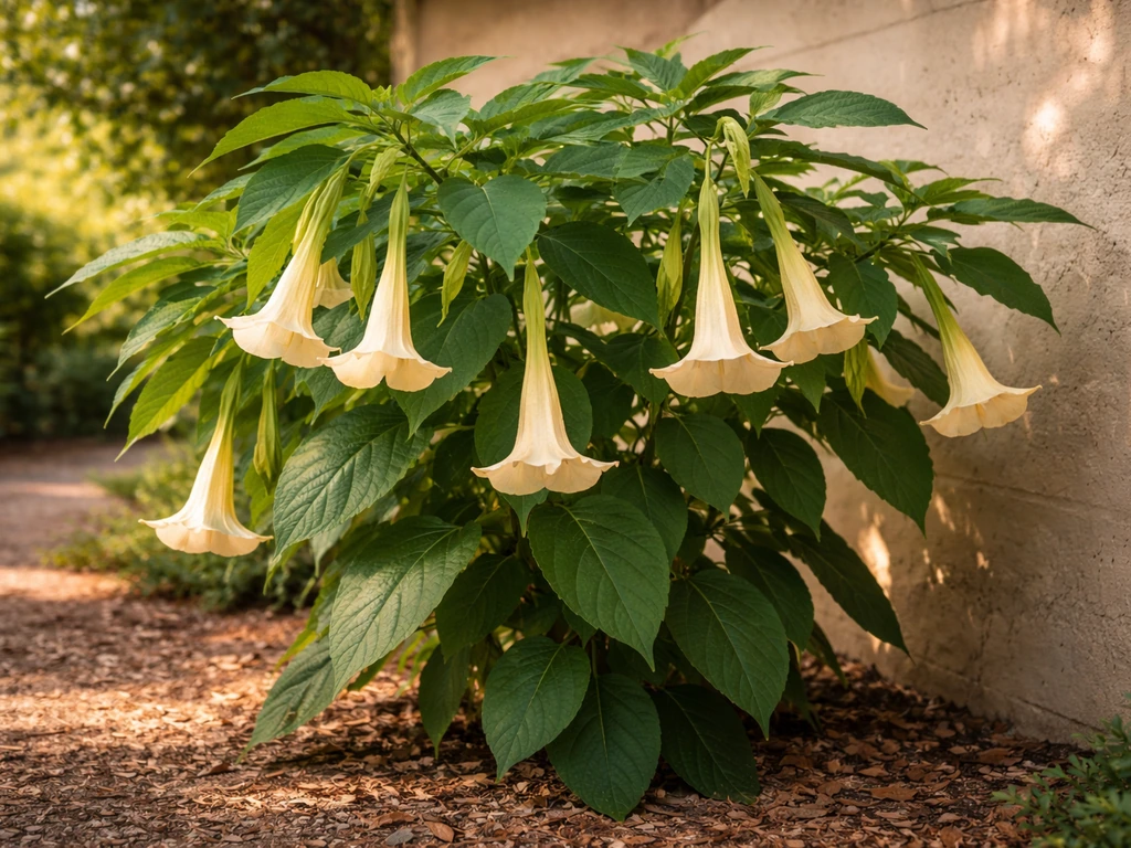 Brugmansia plant in a warm sheltered garden spot in summer, partially shaded with soft sunlight