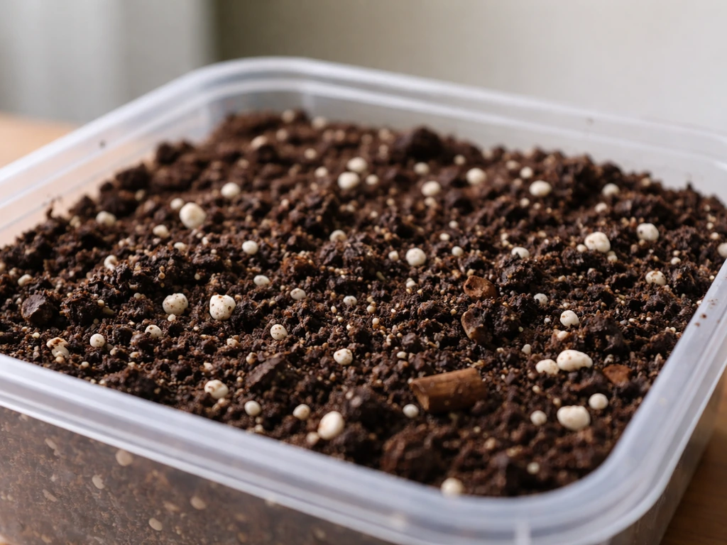 Close-up of free-draining potting mix with dark compost and visible perlite granules in a container.