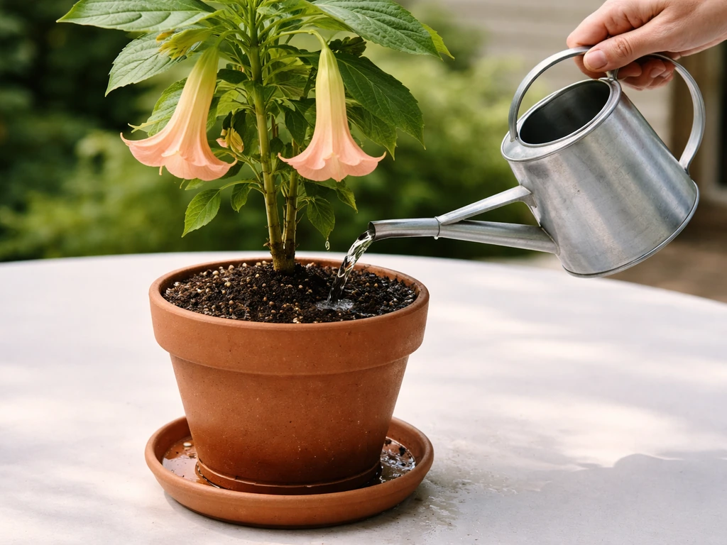 Hand watering a potted Brugmansia until a few drops drain from the bottom saucer
