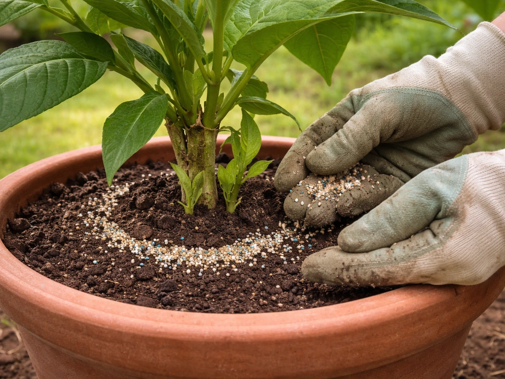 Close-up of hands applying fertilizer around the base of a potted Brugmansia plant in warm daylight