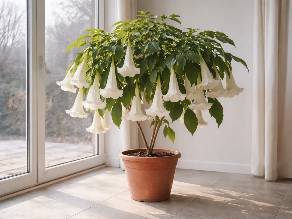 Brugmansia in a pot near a sunny window inside a bright conservatory, warm and protected for winter
