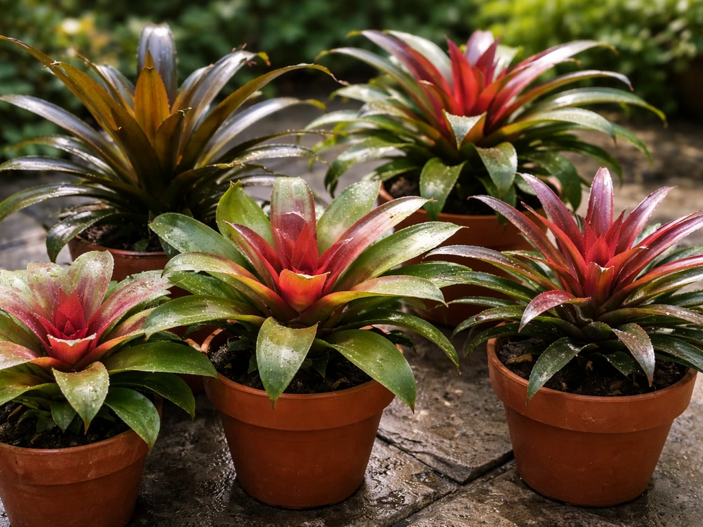 Close-up of different bromeliad cultivars in terracotta pots outdoors, showing varied leaf textures.