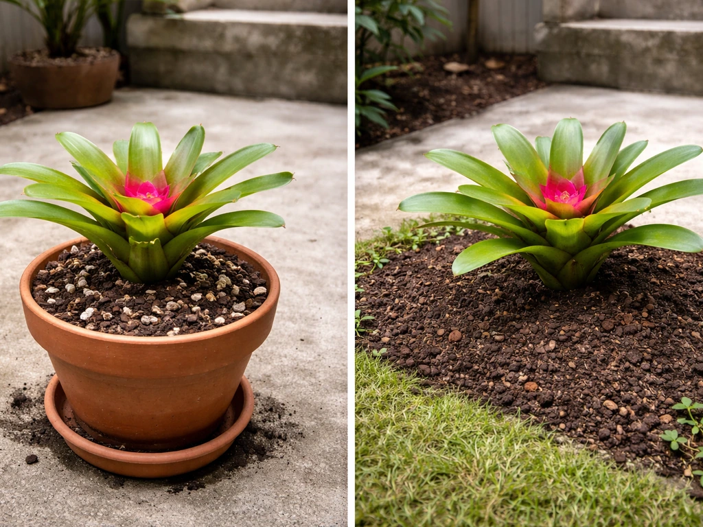 Bromeliad in a fast-draining pot beside an in-ground bromeliad on raised soil bed in concrete yard