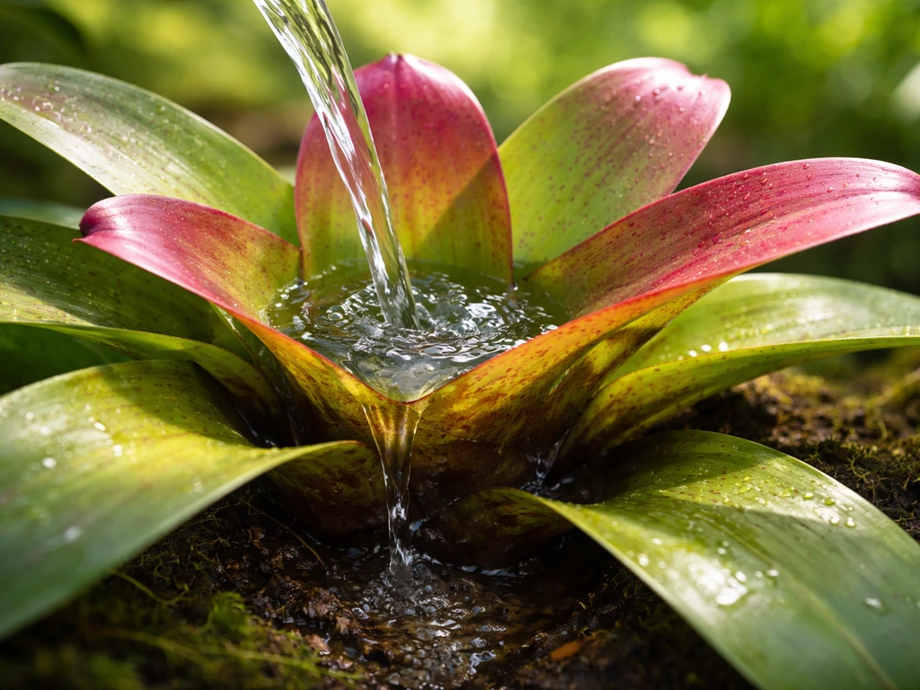 Close-up of a bromeliad’s central cup being filled outdoors, with runoff captured at the base.