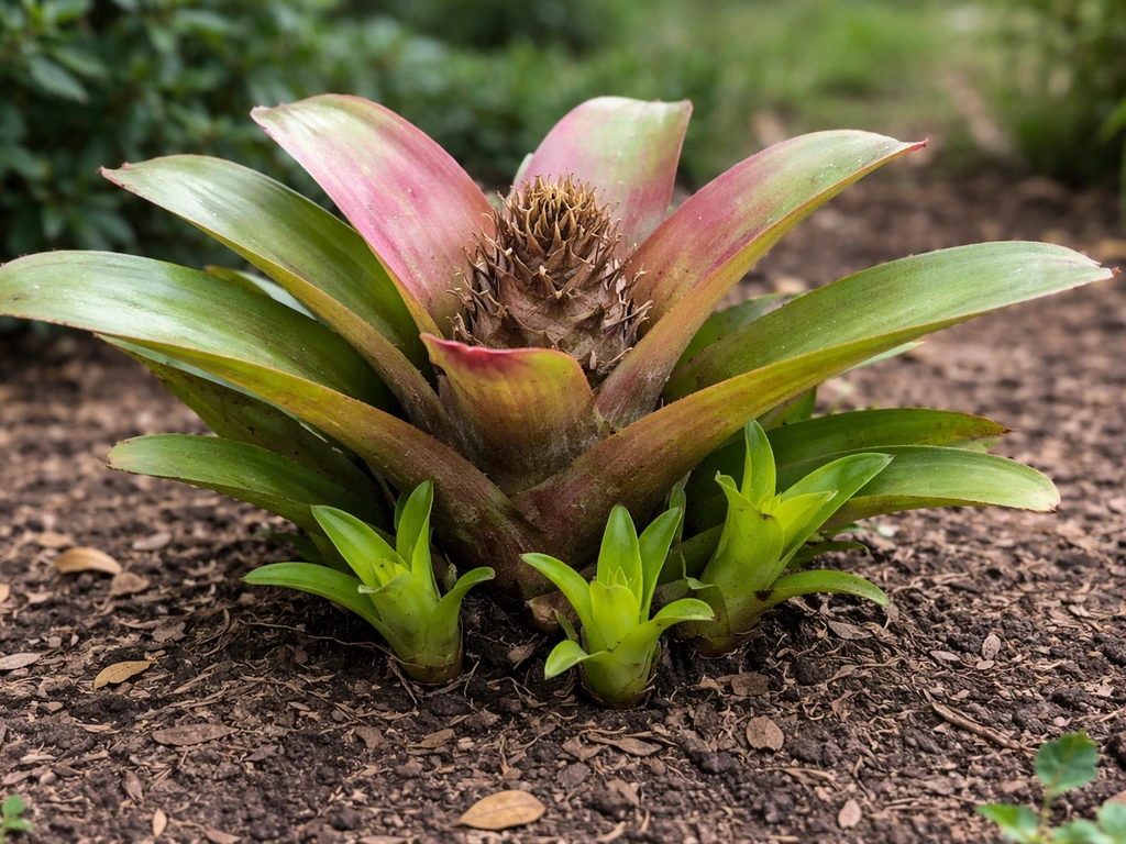 Outdoor mother bromeliad with small pups emerging at its base after flowering