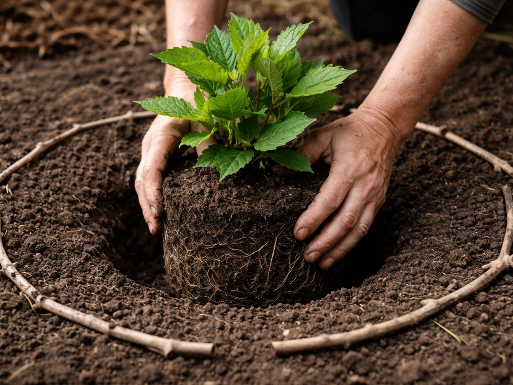 Hands plant an oakleaf hydrangea in a prepared hole with spacing visible around the root ball