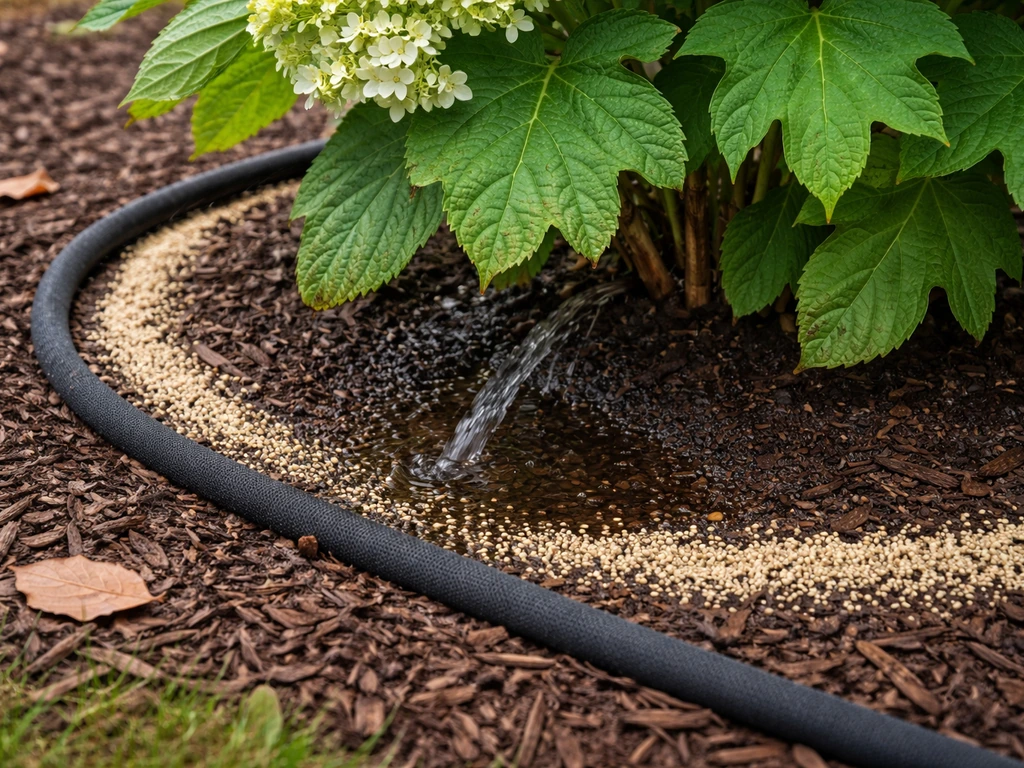 Soaker hose watering an oakleaf hydrangea with granular fertilizer spread near the drip line