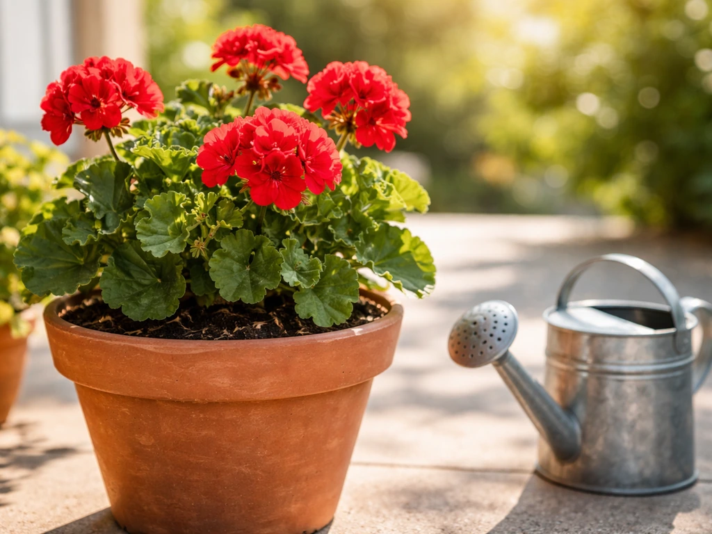 Thriving red geranium in a sunny container with a watering can beside it, suggesting safe fertilizer feeding.