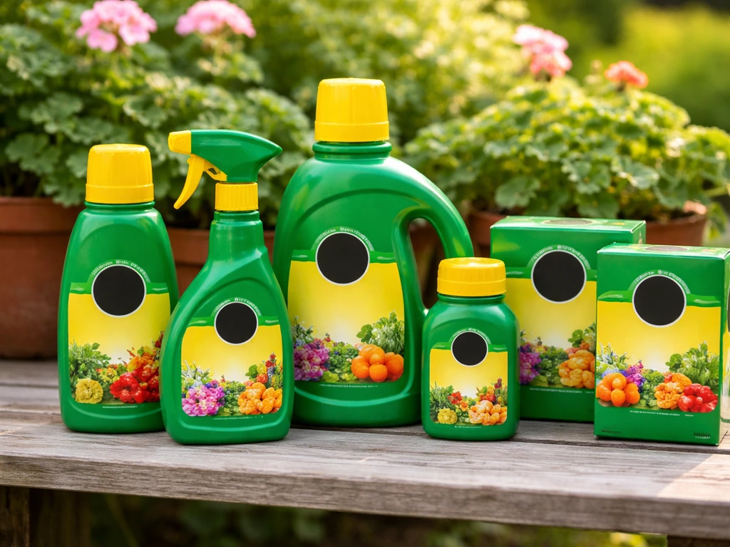 A close-up of Miracle-Gro fertilizer containers and labels neatly grouped for geranium use selection.