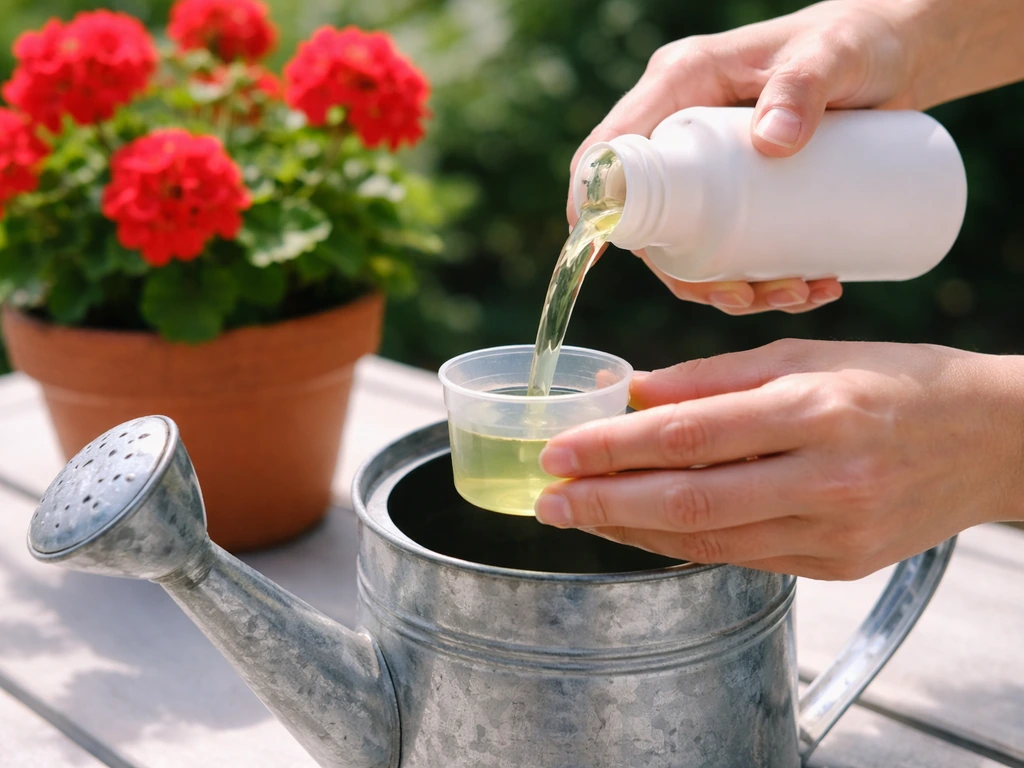 Hands pouring half-diluted liquid fertilizer into a watering can beside flowering geraniums.