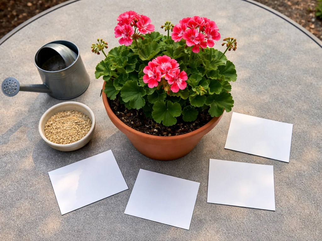 Container geranium on patio table with watering can and fertilizer, seasonal cards blank and unmarked.
