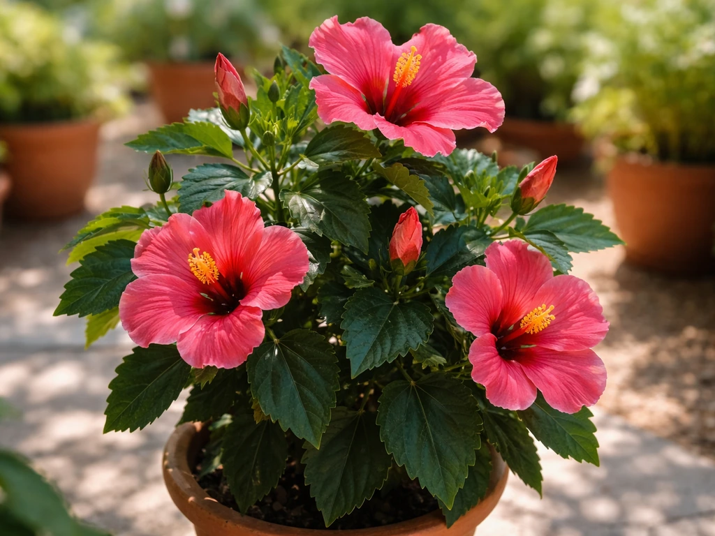 Vibrant pink-and-red luna hibiscus blooms in a sunny patio garden, lush leaves and soft morning light.