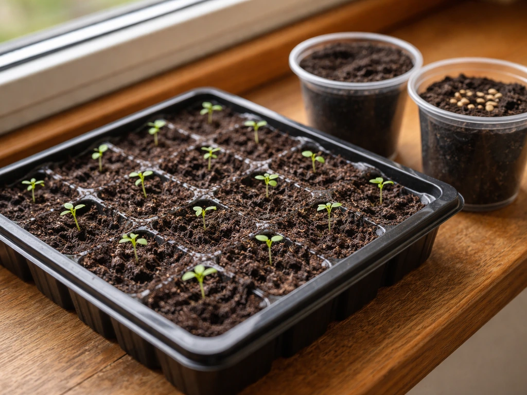Indoor seed-starting setup with Luna hibiscus seeds sprouting in a tray under soft natural light.
