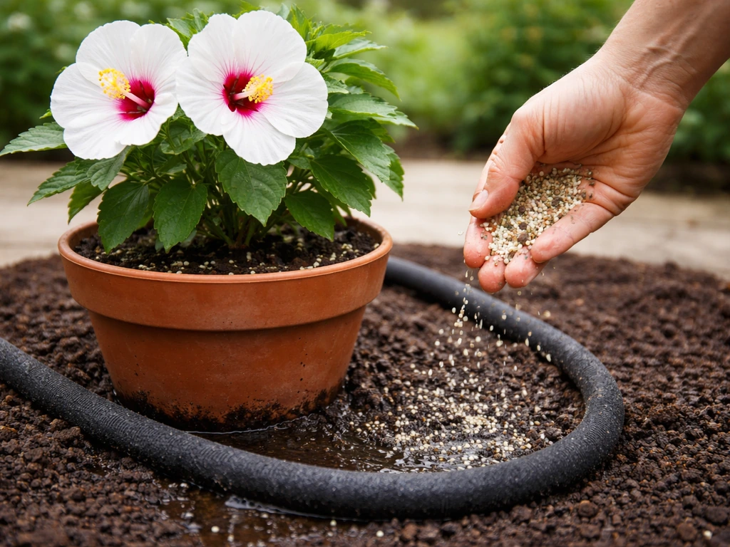 Watering a potted hibiscus with a soaker hose while granular liquid fertilizer is applied to the soil.
