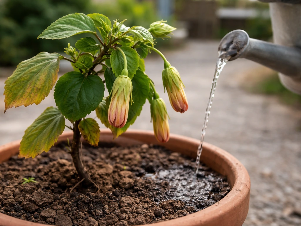 Close-up of drooping hibiscus buds in dry soil with fresh watering pouring into the pot.