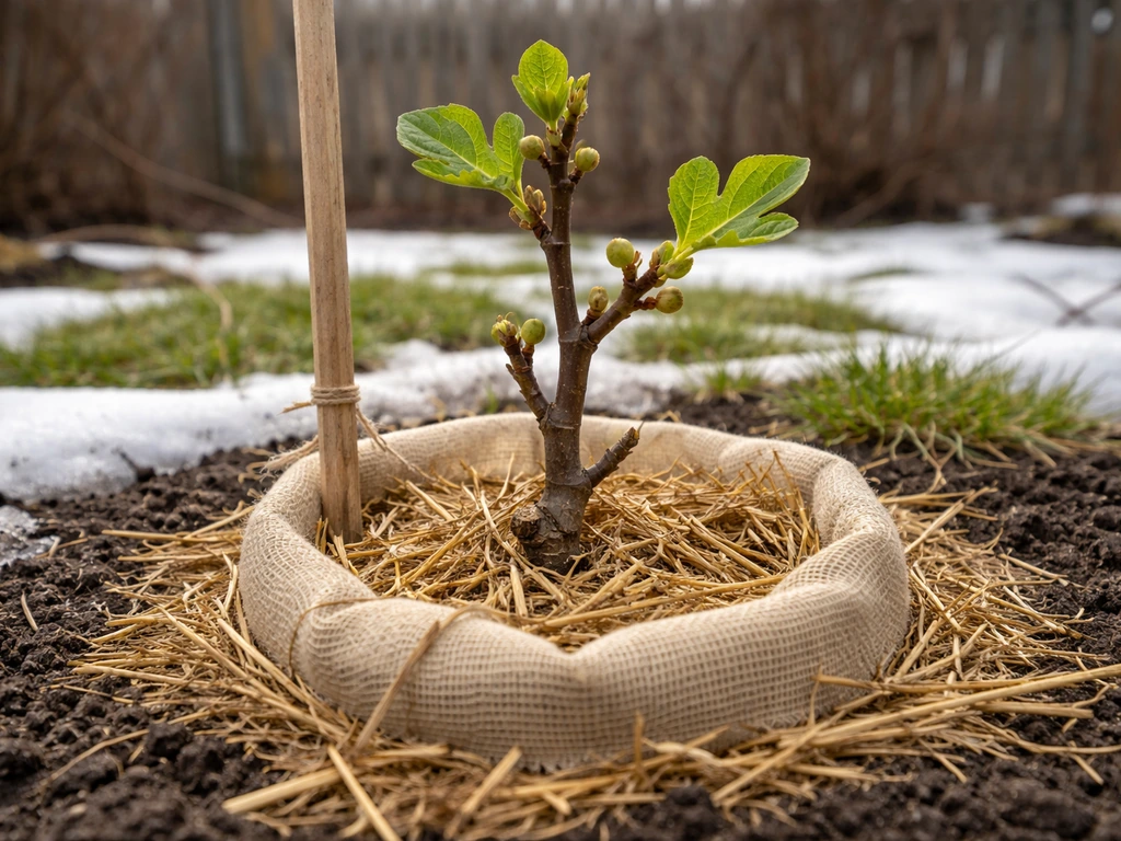 Chicago Hardy fig planted with winter mulch and protective wrap, buds and tiny figs emerging near early spring.