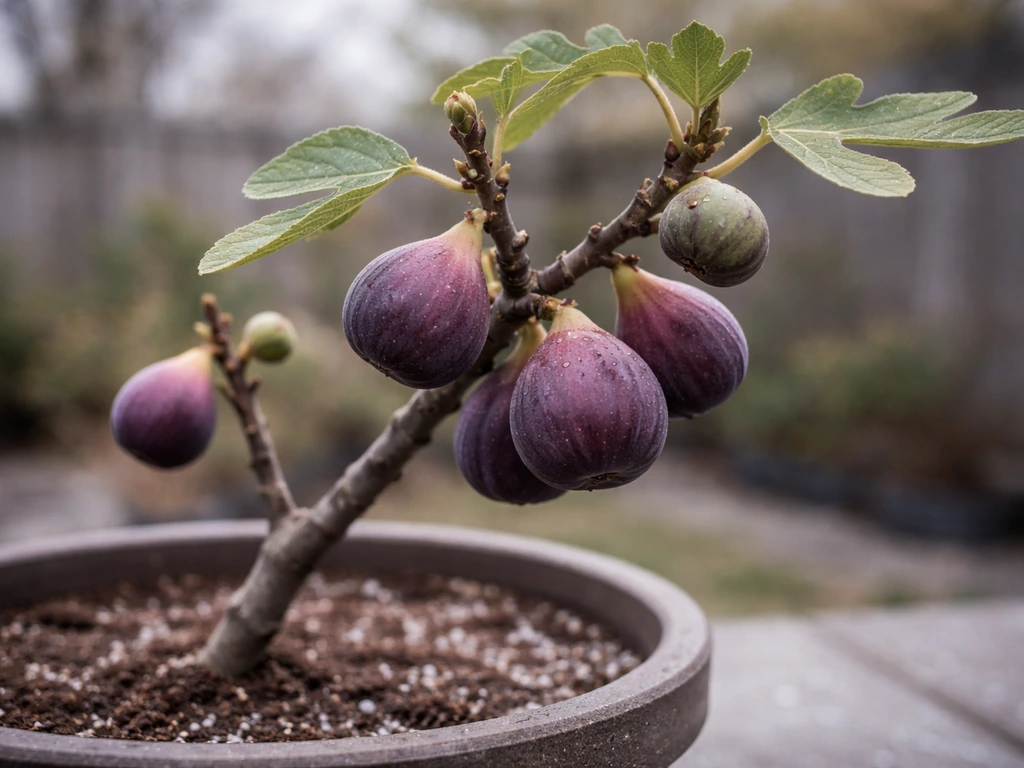 Close-up of purple Chicago Hardy fig fruit on a small tree branch with simple cold-climate hint.