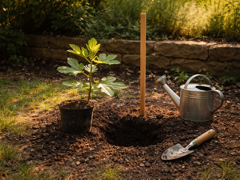 Young Chicago Hardy fig sapling ready for planting in a sunny, sheltered backyard spot.