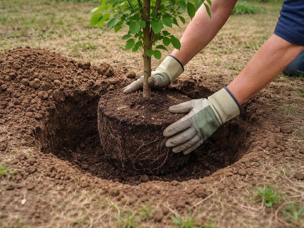 Gloved hands set a small tree root ball into a wide hole with the root flare level to the soil.