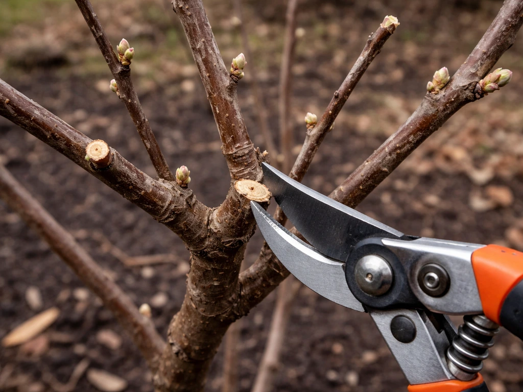 Close-up of winter branches with fresh pruning cuts, showing structured stems for fruiting.