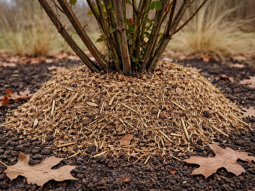 Garden bed with a winter mulch mound of straw and leaves covering a plant’s root zone.