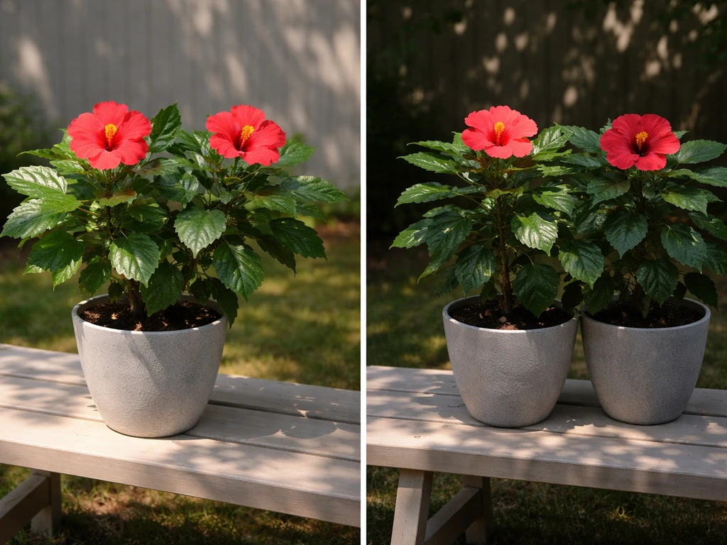 Two potted hibiscus by a window: one in bright direct sun, one in partial shade with dappled light.