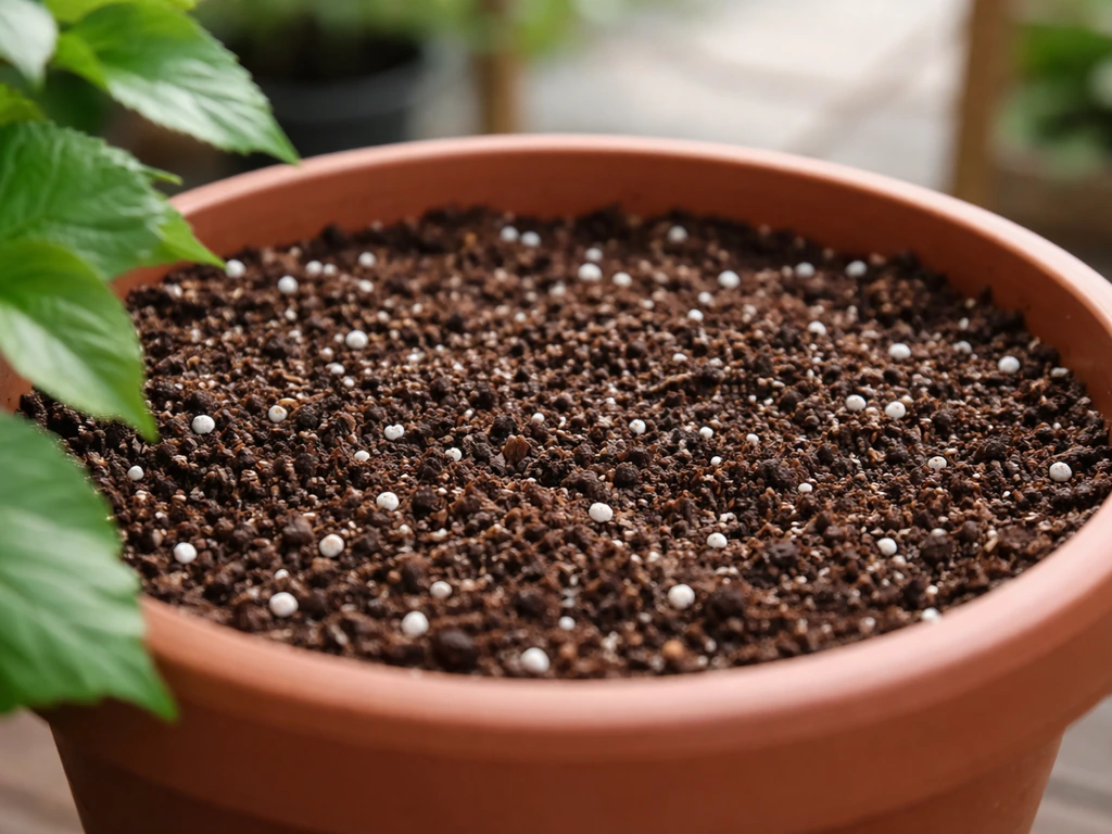 Close-up of an hibiscus container potting mix with airy perlite and compost for drainage.