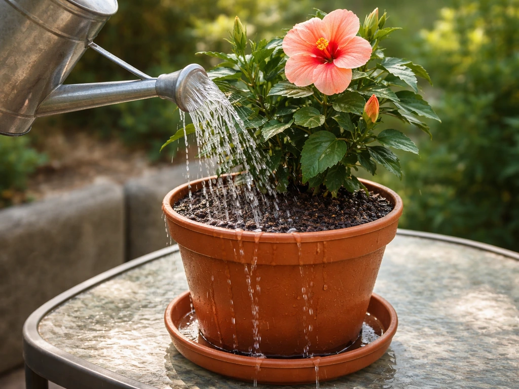 Watering a potted hibiscus until runoff drains from the pot’s bottom holes.