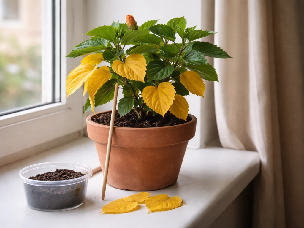 Potted hibiscus with yellowing leaves beside a small soil-moisture check setup on a bright windowsill