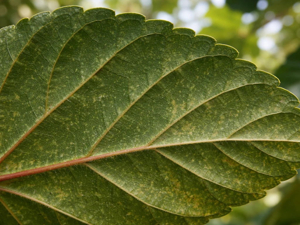 Close-up of tropical hibiscus leaf underside with fine webbing and tiny specks suggesting spider mite stress.