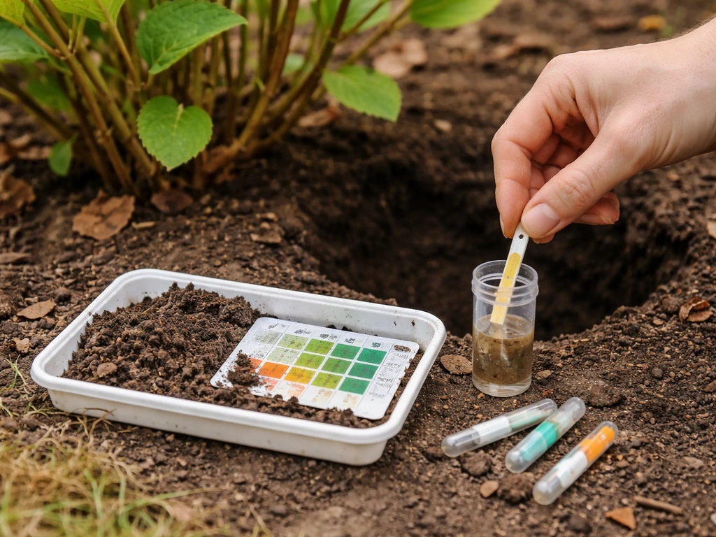 Soil test kit with hydrangea roots in the background