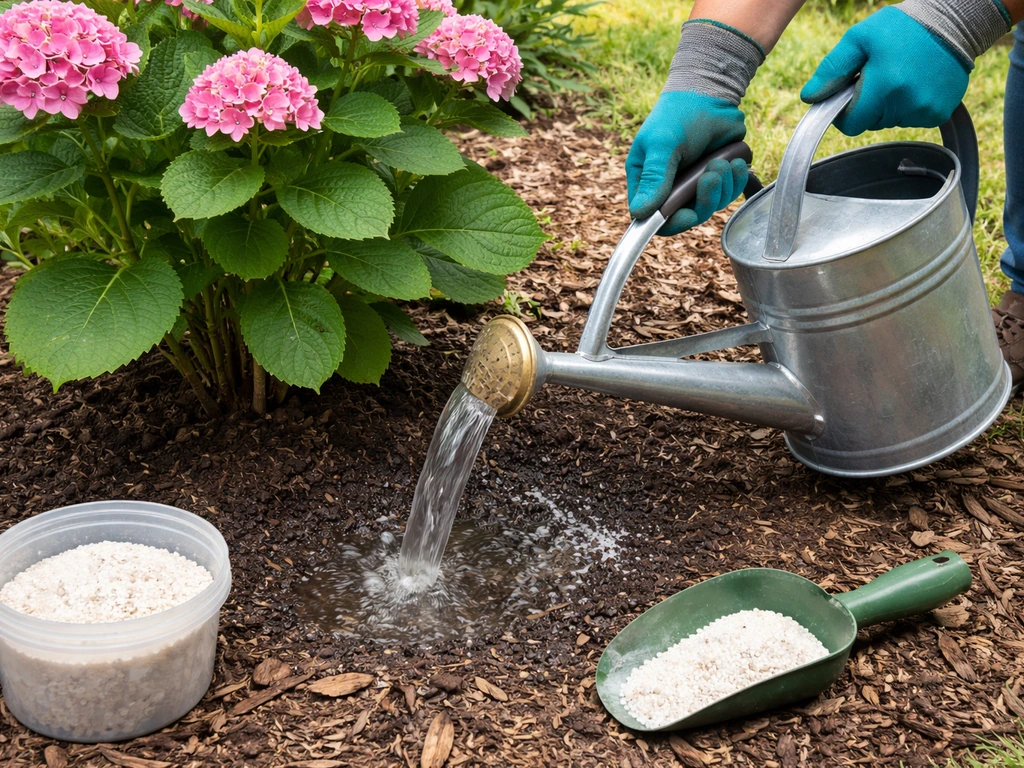 Aluminum sulfate used in the watering can near hydrangea
